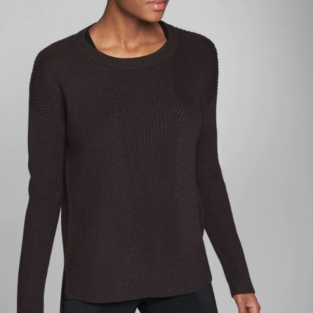 Athleta Merino Wool Ribbed Sonoma Cozy Knit Sweater Brown Small Split Hem